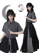 White/Gray Leather Buckles Cheongsam Style Short Sleeves Cropped Shirt with Tie