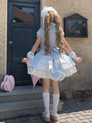 Blue & White Heart Polka Dot Sweetheart Applique Sweet Lolita Dress with Bow Accents