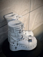 White Punk Platform Ankle Boots - Side-release Buckle Decor, Studded Accents & Cross Details