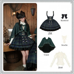 Preppy Style Green Plaid Pattern Lolita Set - Short Version JSK + Shirt + Witch Hooded Cape