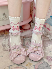 Pink White Kitty Print Lolita Ankle Socks