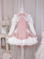 Sakura Pink Pointed Collar Pompoms Bowknot Long Sleeves One Piece Magic Girl Lolita Dress