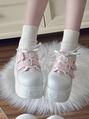 Yami Kawaii Pink Low-top Version Platform Sneakers with Lace-up & Velcro Strap Closures