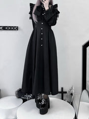 Jirai Kei Style Long Overall Skirt in Black/Gray Plaid with Detachable Flutter Sleeves & Rhinestone Accents