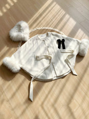 White Winter Lolita Fleece Lining Cape Coat with Detachable Fur Collar, Sash and Brooch