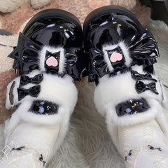 PU Leather with Heart Details, Bow Decor & Snug Fleece Lining Black Platform Shoes in Sweet Lolita