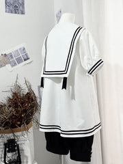 White Sailor Collar Short Sleeves Shirt and Black Shorts