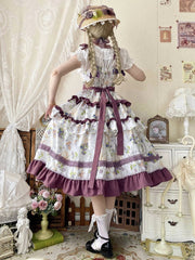 Blueberry and Ice Cream Print Tiered Skirt Purple Ruffle Trimming Lolita Dress