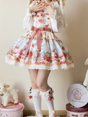 Red Strawberry and Lamb Print Sweet Lolita Overall Dress