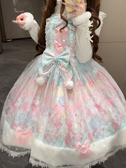 Light Green & Pink Cat Print Sweet Lolita Dress with Bow Accents and Fur Trim Hem