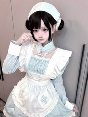 Yami Kawaii Light Blue Stripes Maid Apron Dress Faux Two-Piece with Detachable Sleeves and Nurse Hat