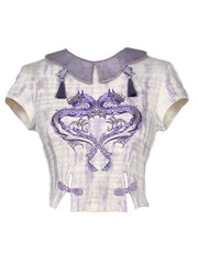 Summer Purple Dragon Print Tie Dye Knitted Cropped Top