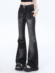 Silver Studs Black and Gray Pocket Design Flared Jeans with Free Waist Belt