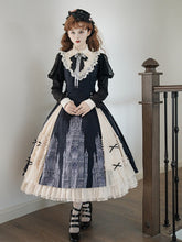Black & Beige Long-Sleeve Gothic Lolita Dress with Church Print and Ruffled Hem