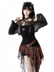 Red/Black & White Plaid Mesh Patches Handkerchief Hem Punk Rock Strapless Dress
