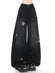 Y2K Blue/Black Wide-leg Jeans with Star Pattern, Low-rise Design & Front Zipper with Button Closure