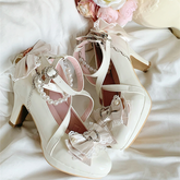 White Hime Lolita Mary Janes with Bow Accents & Heart-shaped Rhinestone Snap Design