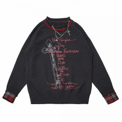 Y2K Black Distressed Sweater with Cross Print & Red Plaid Cuffs