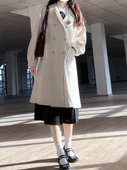 White Long Woolen Coat with Notched Collar & Double Breasted Design