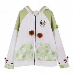 White & Green Cute Panda Design Zip Closure Hoodie