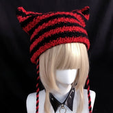 Y2K Striped Cat Ear Design Knitted Hat with Pom-Poms – 4 Color Options