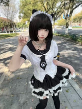 Black & White Kitty-Ear Sailor Collar T-shirt with Paw Embroidered Tie
