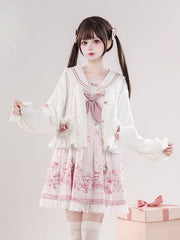 Pink&White Jirai Kei Bowknot Details Lace Trim Cardigan