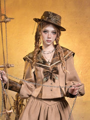 Steampunk Khaki Top with Brown PU Sailor Collar & Embroidered Lace Applique