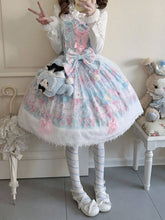 Blue & Pink Cat Print Sweet Lolita Dress with Bow Accents and Fur Trim Hem