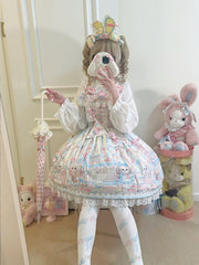 Puppy's Afternoon Tea Print Light Yellow Sweet Lolita Dress with Flags Ribbon