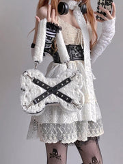 White Punk Y2K Bone-Shaped Fleece Bag With Studded Crisscross Straps