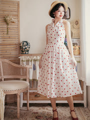 Retro Fashion Polka Dots Pattern Print Backless Dress Big Bow Back Halter Neck