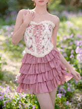 Lace-up Front and Back Floral Print Balletcore Boned Croset Top