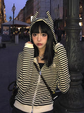 Y2K Black & White Stripes Zip-Up Hoodie with Devil Hood