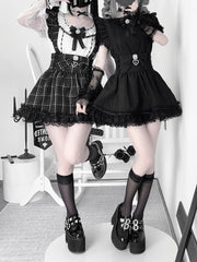 Jirai Kei Black / Plaid Overall Skirt High Waist with Detachable Shoulder Straps