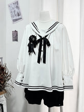 White Sailor Collar Long Sleeves Shirt and Black Shorts