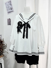 White Sailor Collar Long Sleeves Shirt and Black Shorts