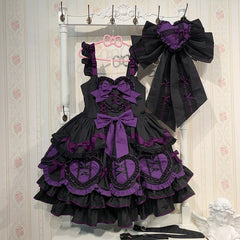 Plus Size Black and Purple Sweet Lolita Dress with Heart-Shaped Appliqué and Bow Accents