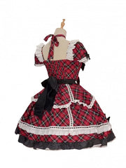 Red & Black Plaid Puff Sleeves Sweet Lolita Dress with Sweetheart Appliques