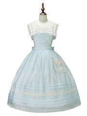Light Blue Sailor Lolita Overall Dress with Lace Trim and Pocket Accent