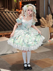 Tulip Print Green Off-Shoulder Elegant Lolita Dress with Drawsting Tulle Overlay