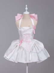 White Marie Cat Lolita Dress with Pearl Halter & Pink Bow – Kawaii Elegant Birthday Party Dress