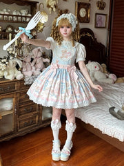 Teddy and Bunny Plush Toy Print Blue Sweet Lolita Overall Dress