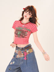 Red Plaid Round Neck Fruit Print Cropped T-Shirt