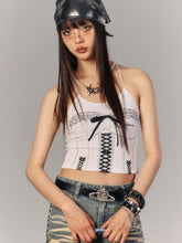 White Punk Graffiti Crop Cami Top with Black Corset Print & Lace-Up Bow Front