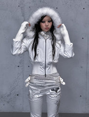White Wasteland Punk Hoodie Jacket with Knitted Sleeves & Two-Way Zip Placket