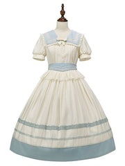 Milk White and Light Blue Sailor Collar Lolita Dress with Lace Trim and Puff Sleeves