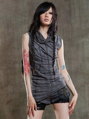 Dark Gray Punk Asymmetrical Drawstring Vest with Zipper Neckline & Cross Charms