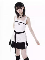 Wasteland Punk White Square Neck Techwear Tank Top with Snap Belt