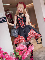 Black and Red Plaid Punk Dress Basque Waist Strappy Lolita Jumper Skirt